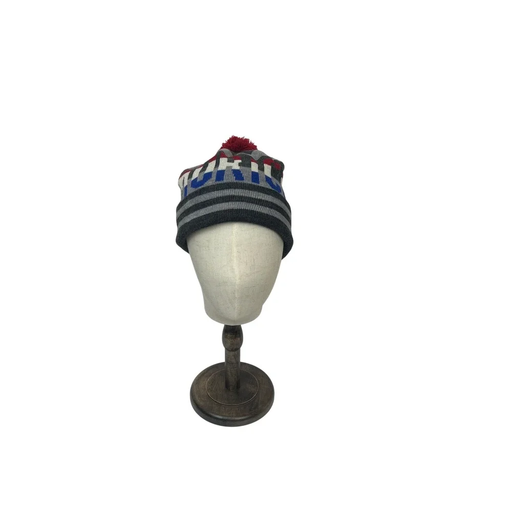 American Eagle Murica Beanie Grey Striped Pom Pom Knit Hat Patriotic One‎ Size